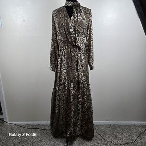 Animal‎ Print Maxi Dress Snake Leopard Tie Neck Long Sleeve | Fits M–L